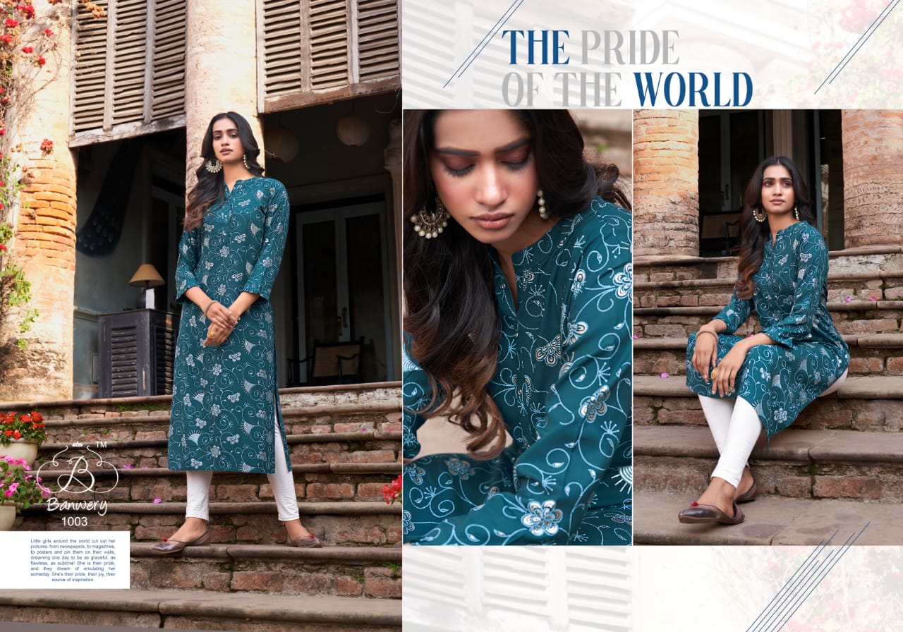 Banwery Colourbar Latest Fancy Heavy Foil Print Ethnic Wear Designer Kurtis Collection
