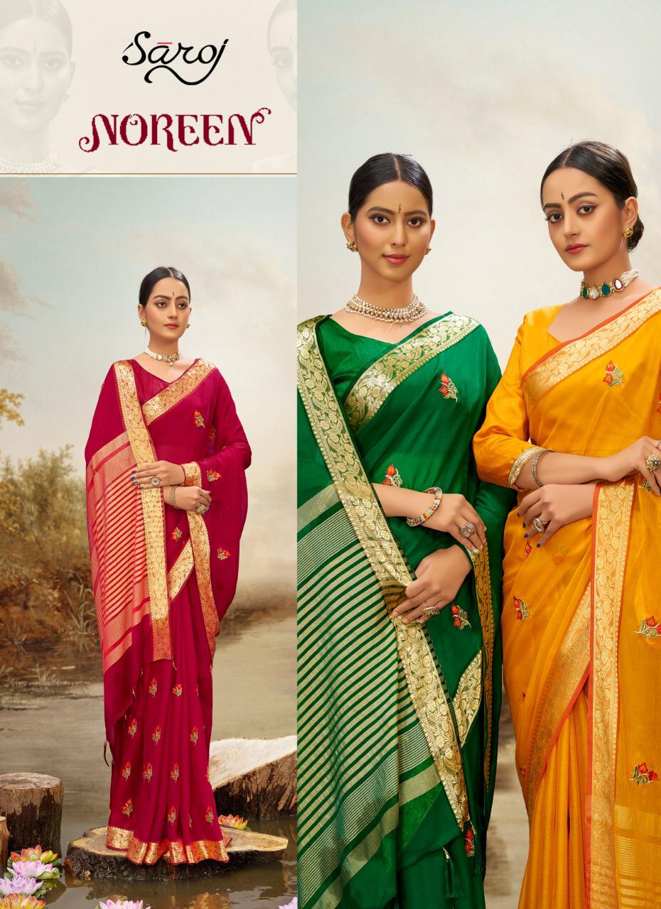  Saroj  Noreen Latest Fancy Multi colore work and chit pallu and border Designer Soft Chiffon Saree Collection