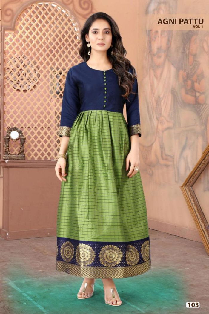 Agnipattu 1 Latest Casual Wear Long Anarkali Silk Gown Kurti Collection
