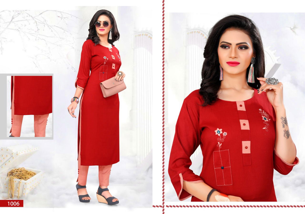 Heer Latest Ethnic Wear Heavy super Slub rayon mirror embroidery work  Kurti With potli detailing Bottom Collection