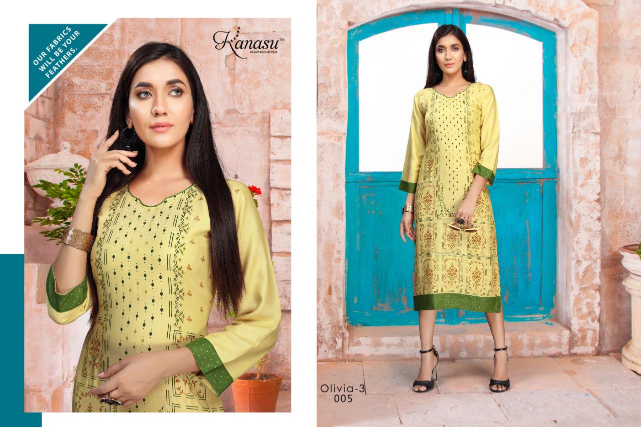 Kanasu Olivia 3 Latest Fancy Designer Heavy Rayon Straight Kurti Collection

