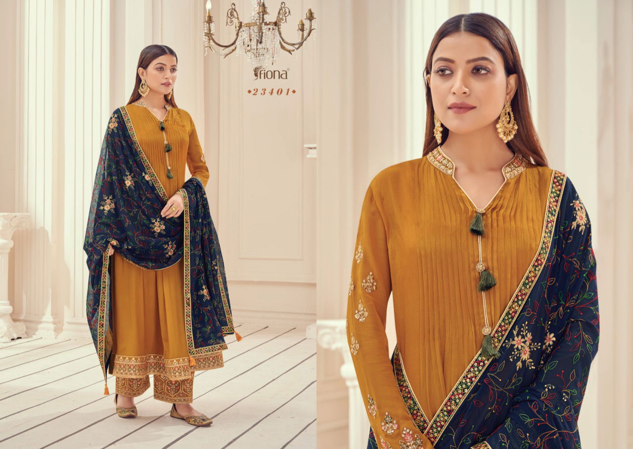 Fiona Zardosh Heavy Occasion Wear Chinnon full flair with pletting Border Embroidery Salwar Kameez Collection
