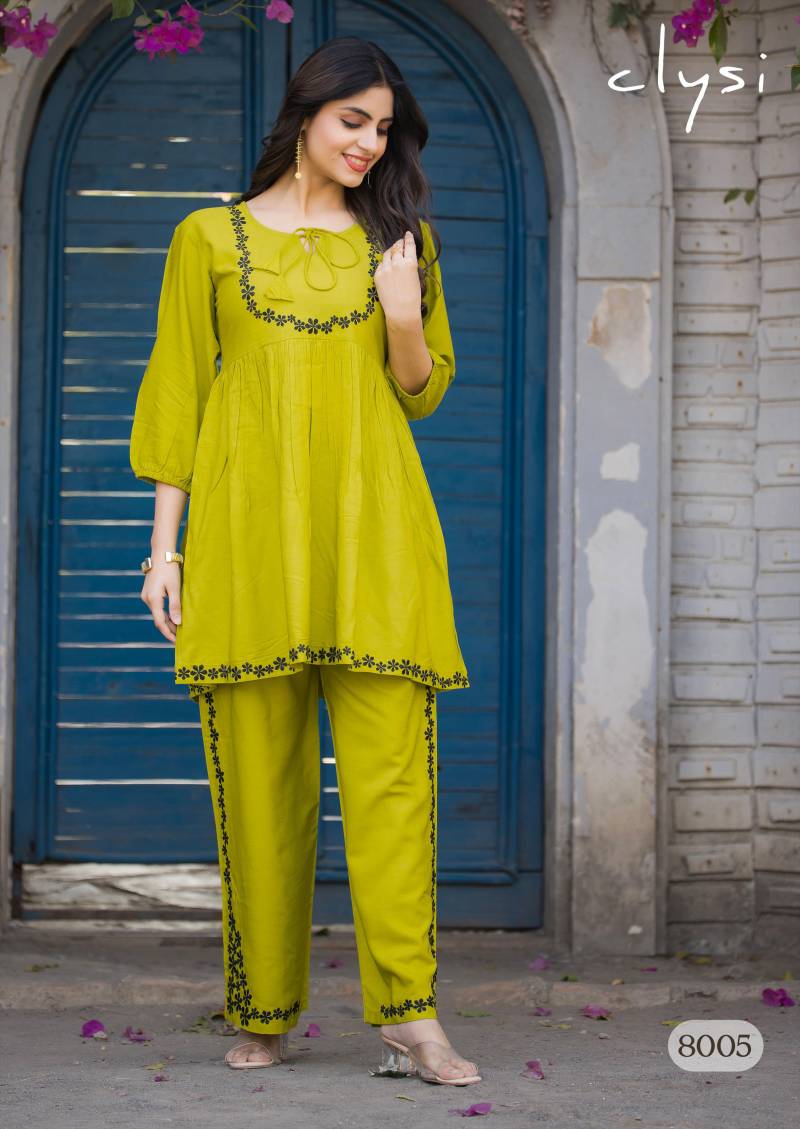 Clysi Rozella Rayon Slub Thread Work Co Ord Set Wholesale Market In Surat
