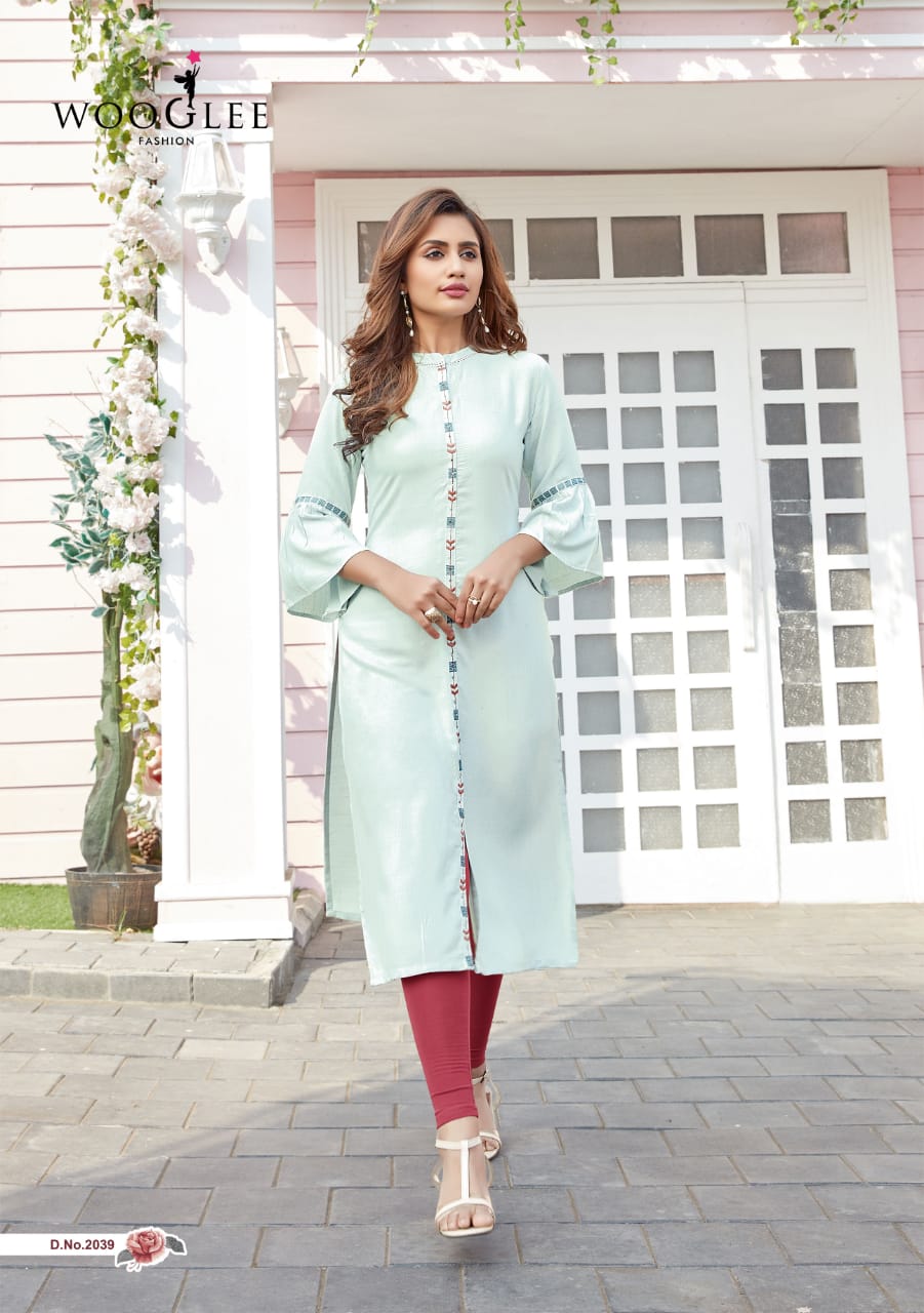 Wooglee Barbella 5 latest fancy Festive Wear Rayon Viscose Designer Kurtis Collection