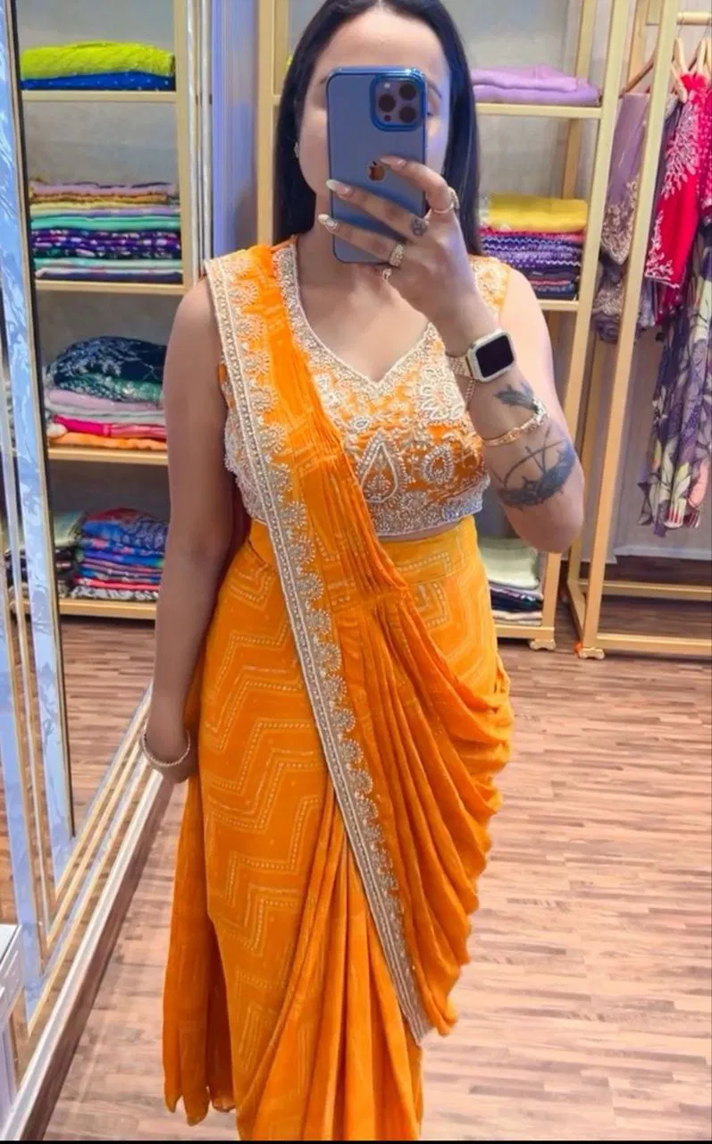 Bt 7089 Chinon Embroidered Ready To Wear Saree Exporters In India