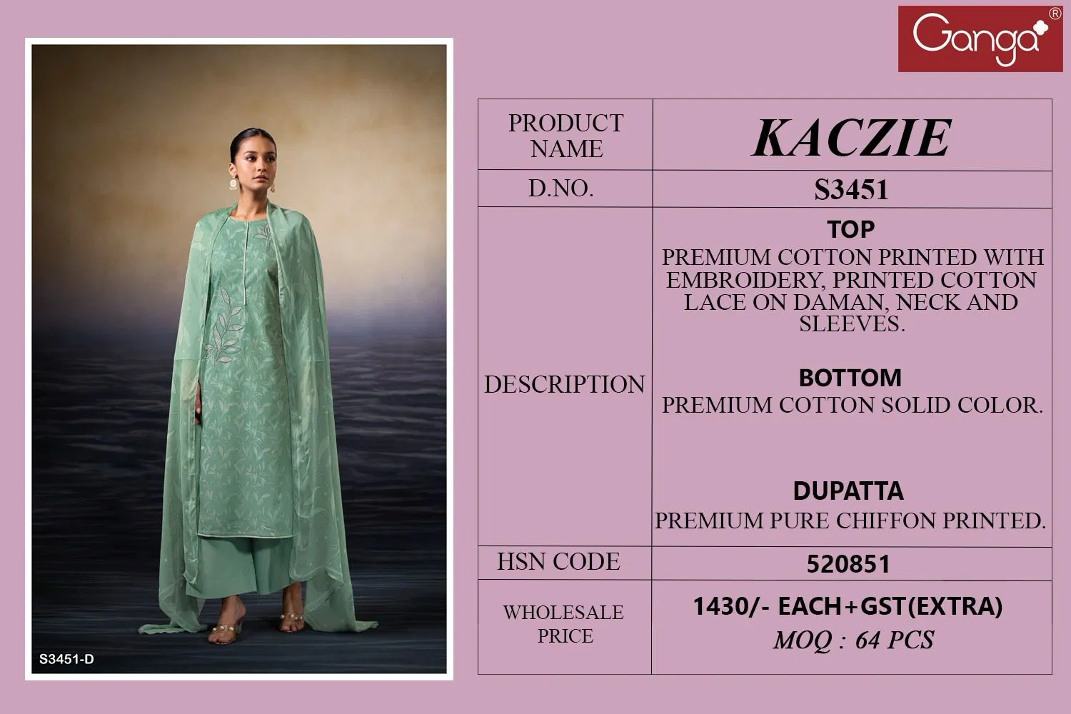Kaczie 3451 By Ganga Cotton Printed Embroidery Dress Material Orders In India