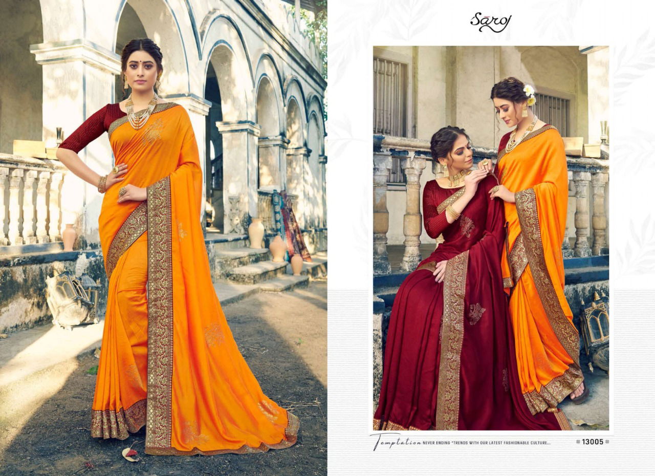Saroj Tanvi Latest Fancy Festive Wear Designer Vichitra Silk With Beautiful Swarovski Butta And Banarasi Border Saree Collection
