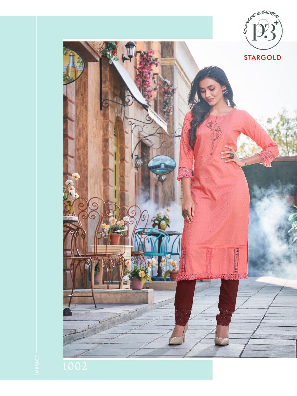 P3 Star Gold Latest Fancy Designer Ethnic Wear Poly Rayon Embroidery Kurti With Bottom Collection
