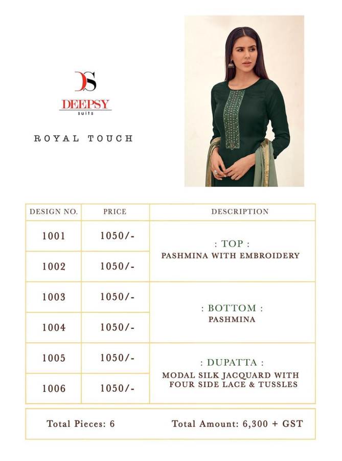 Deepsy Royal Touch Latest Designer Premium Pashmina Self Woven Pasmina With Self Embroidery Work Salwar Suit Collection