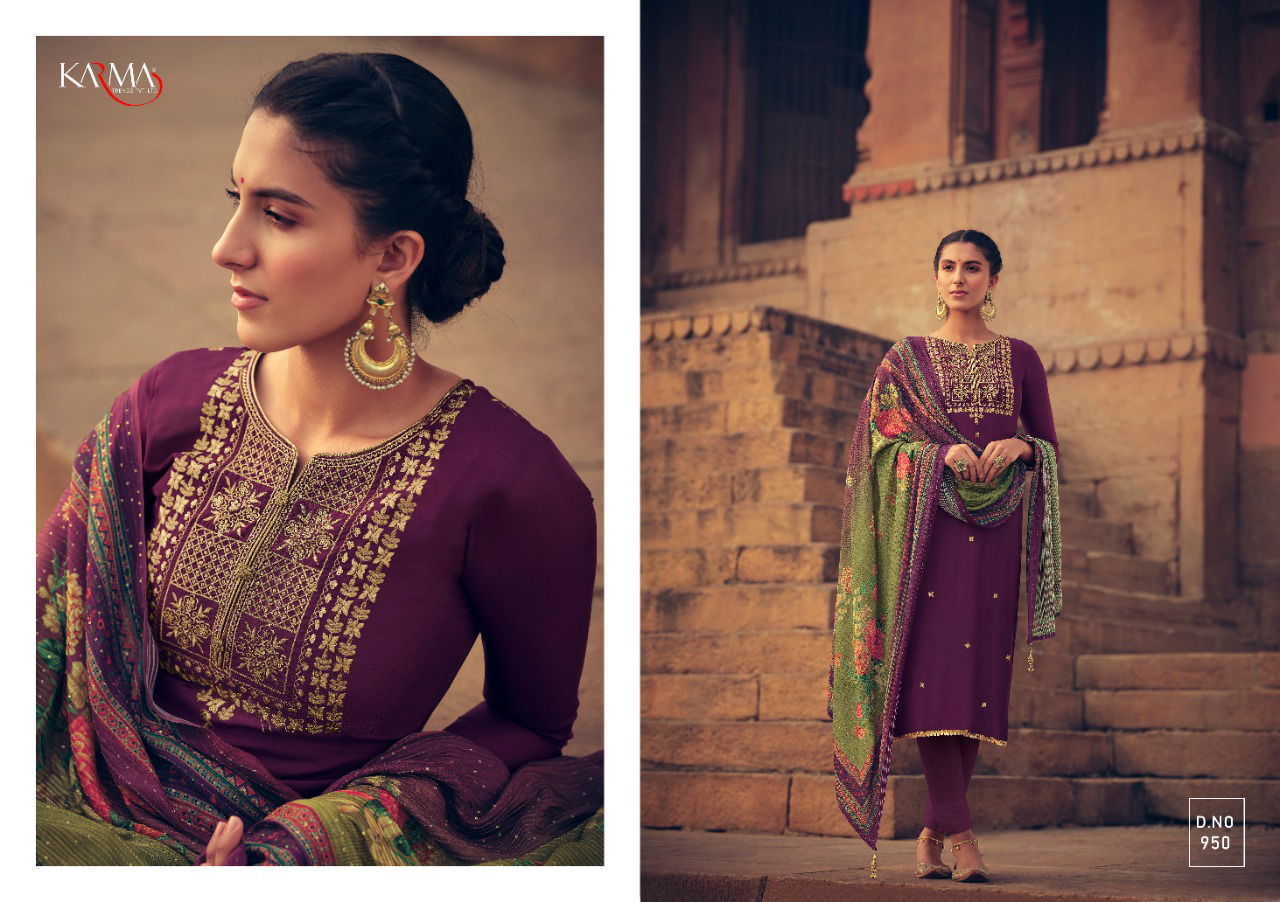 Karma Sabah 945 Muslin Embroidery Top With Pure Brazilian Silk Embroidery  Digital Print Dupatta Salwar Suits Collection