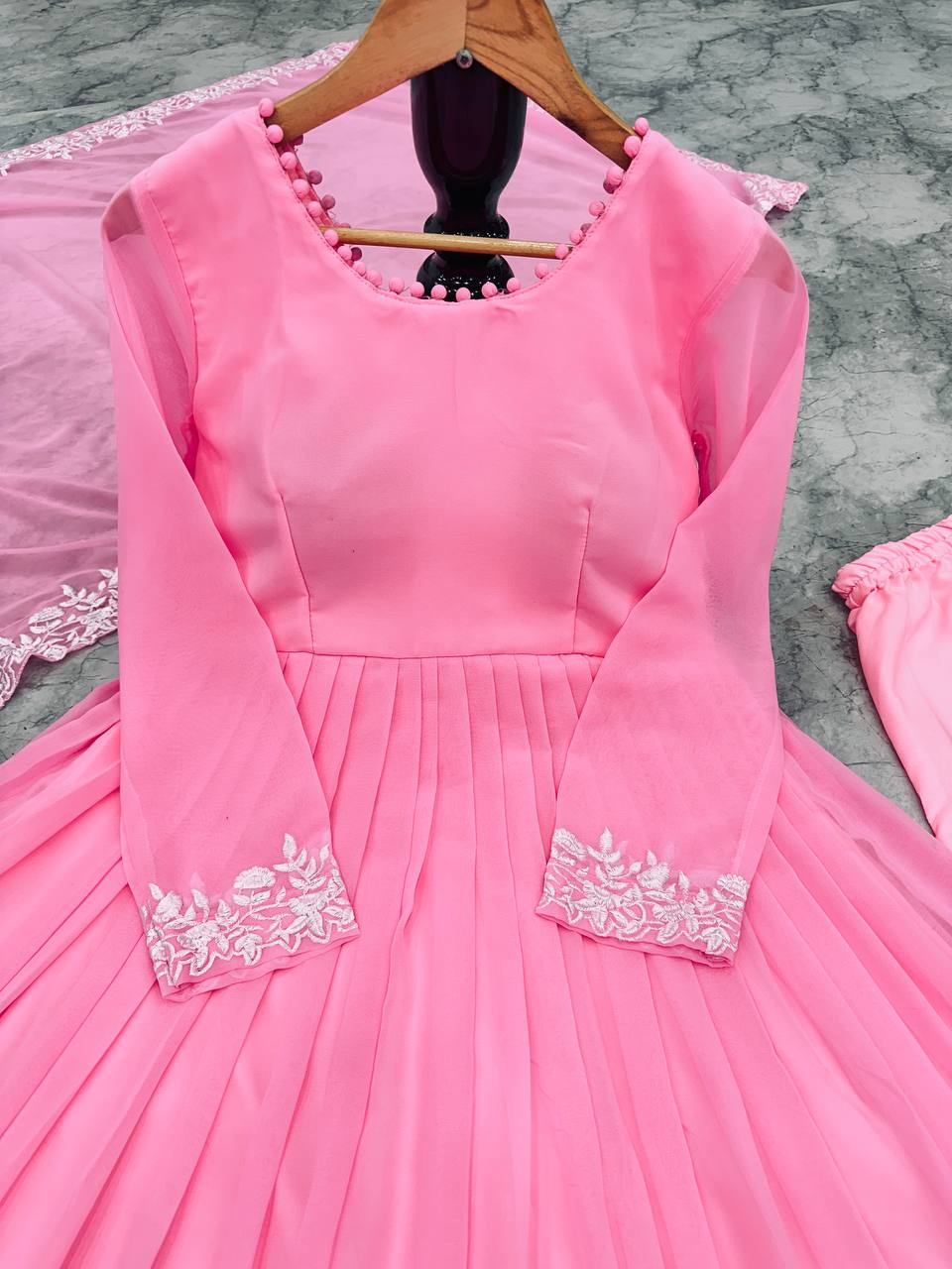 Krishi Designer Georgette Embroidery Anarkali Kurti With Bottom Dupatta Wholesale Price In Surat
