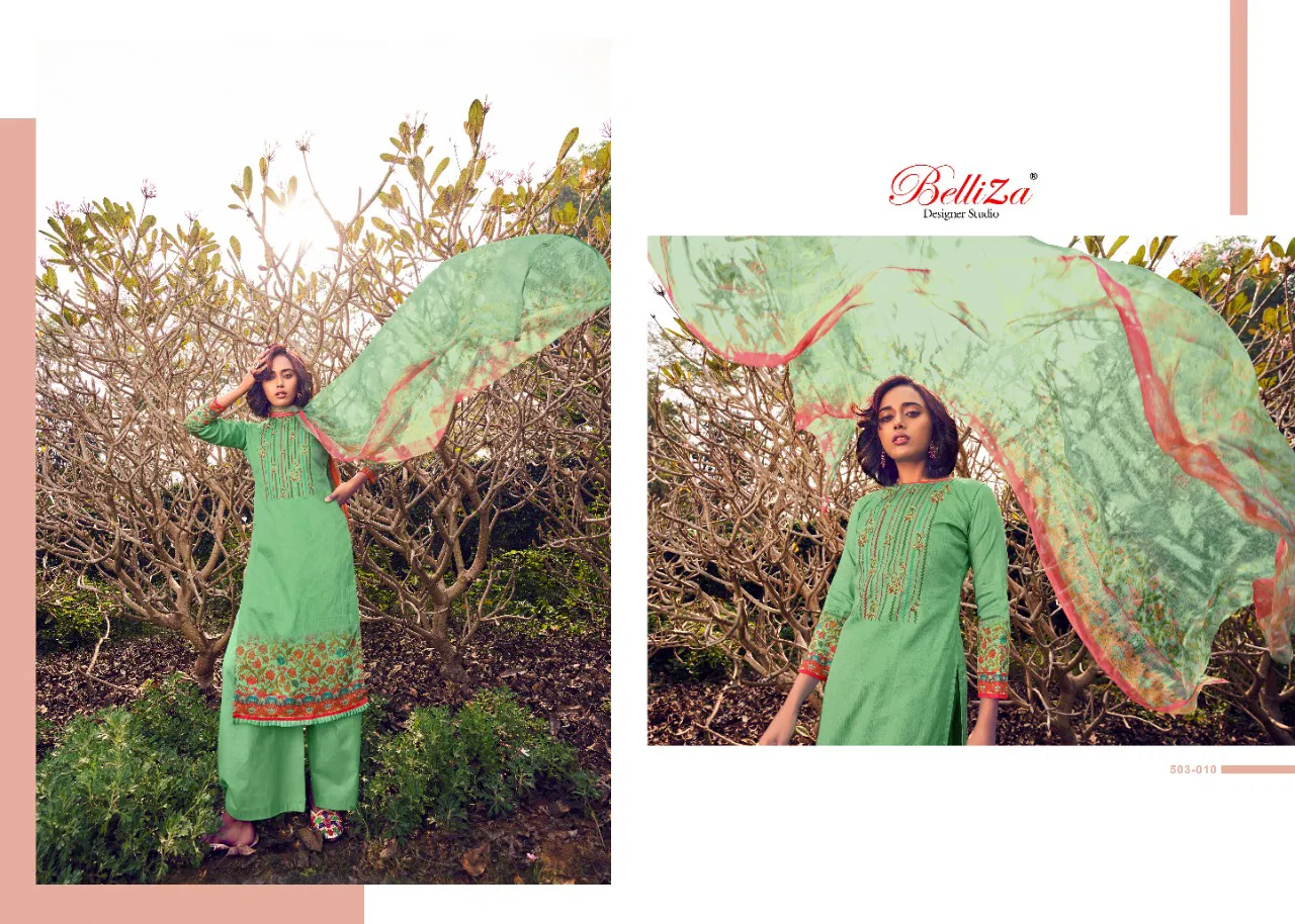 Belliza Rustic Garden Ethnic Wear Cotton Digital Print And Embroidery Work Top With Bemberg chiffon Dupatta Dress Materials Collection