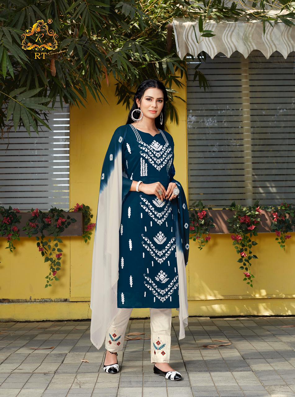 Rt Lucknowi Heavy Embroidery Kurti with Pant and Dupatta Ready Made Collection
