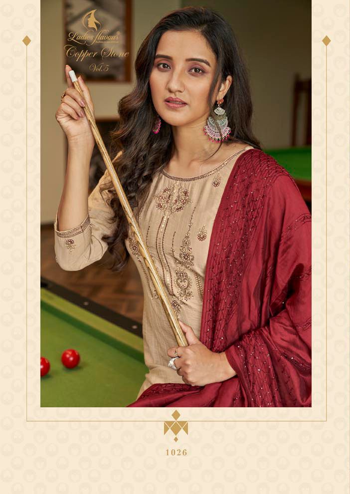 Ladies Flavour Copper Stone 5 Exclusive Designer Viscose With Embroidery With Khatli Work Readymade Collection
