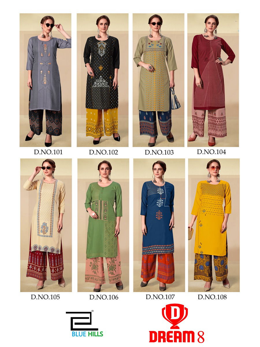 Blue Hills Dream 8 Latest Casual Wear Embroidery Work Heavy Rayon Kurtis With Plazzo Collection 