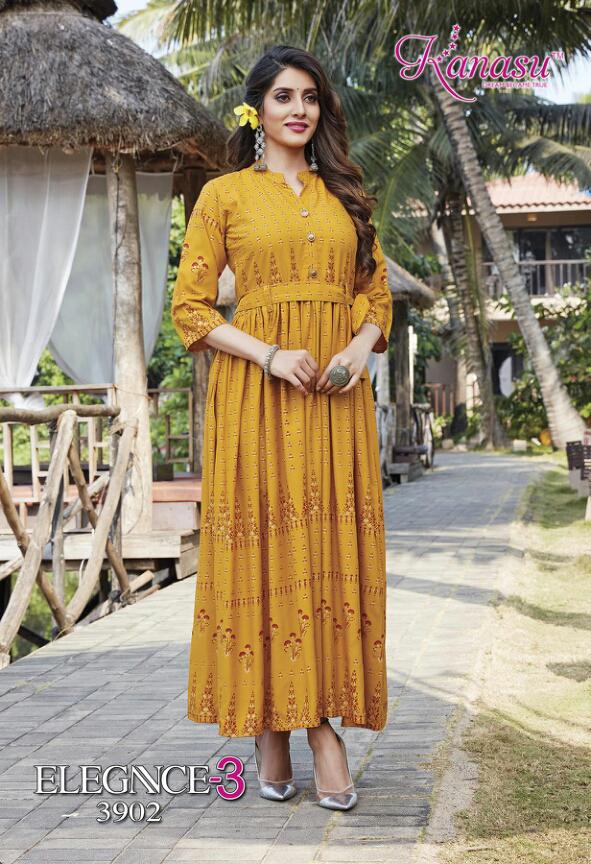 Kanasu Elegance 3 Latest Fancy Designer Heavy Casual Wear Rayon Gold Printed Stylish Kurti Collection
