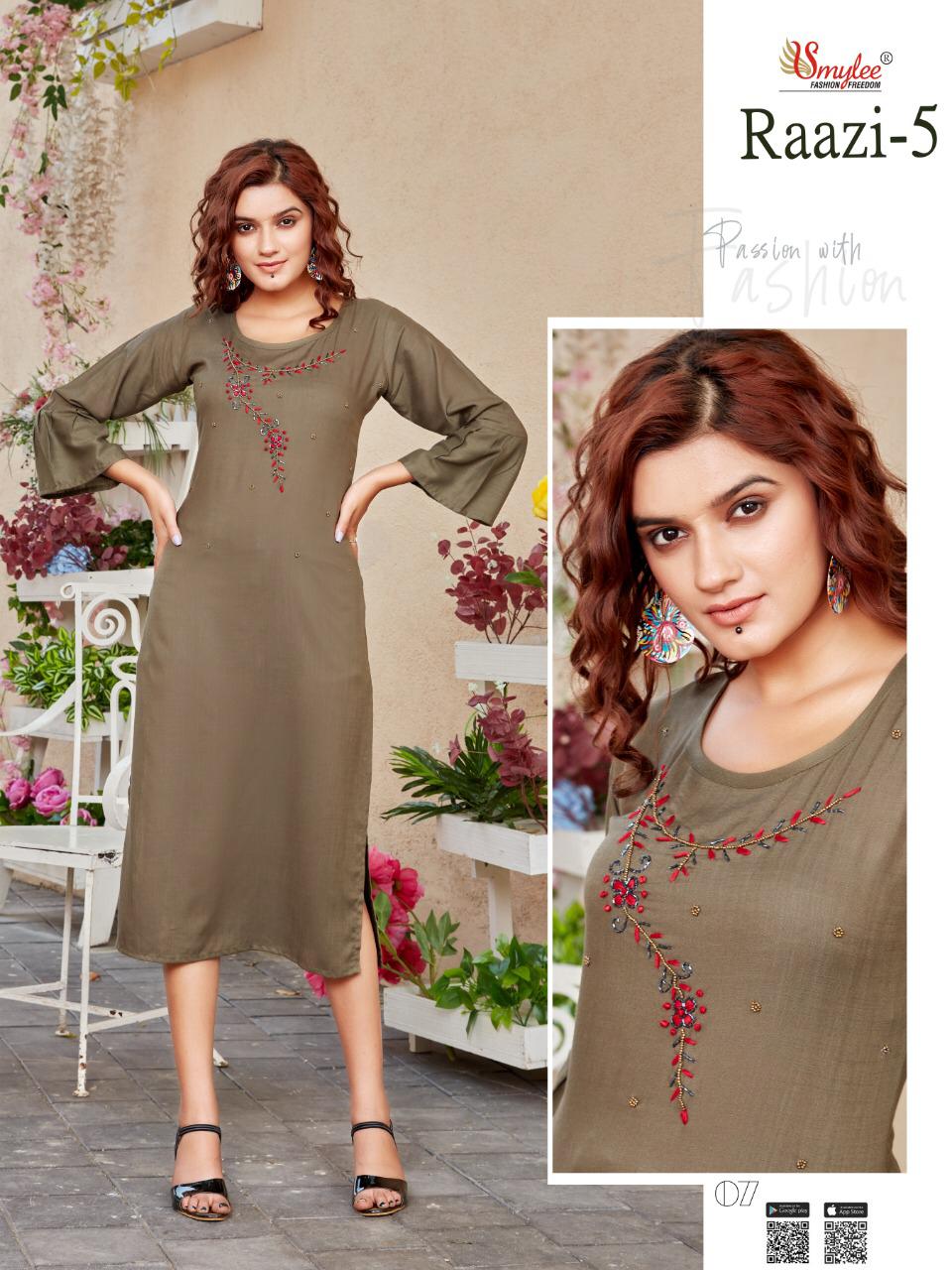 Smylee Raazi 5 Latest Designer Fancy Casual Wear Heavy Slub Rayon Kurti Collection
