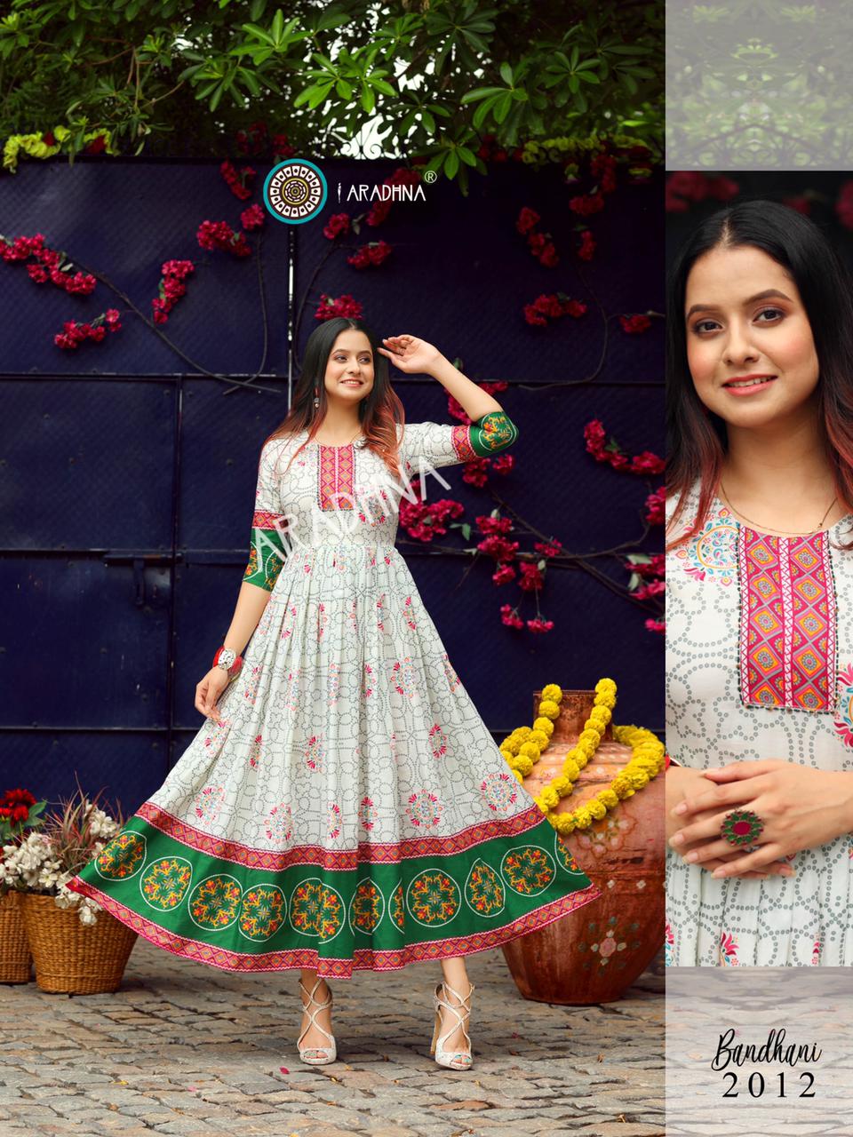 Aradhna Bandhani 2 Heavy Cotton Printed Festive Wear Anarkali Long Kurtis Collection
