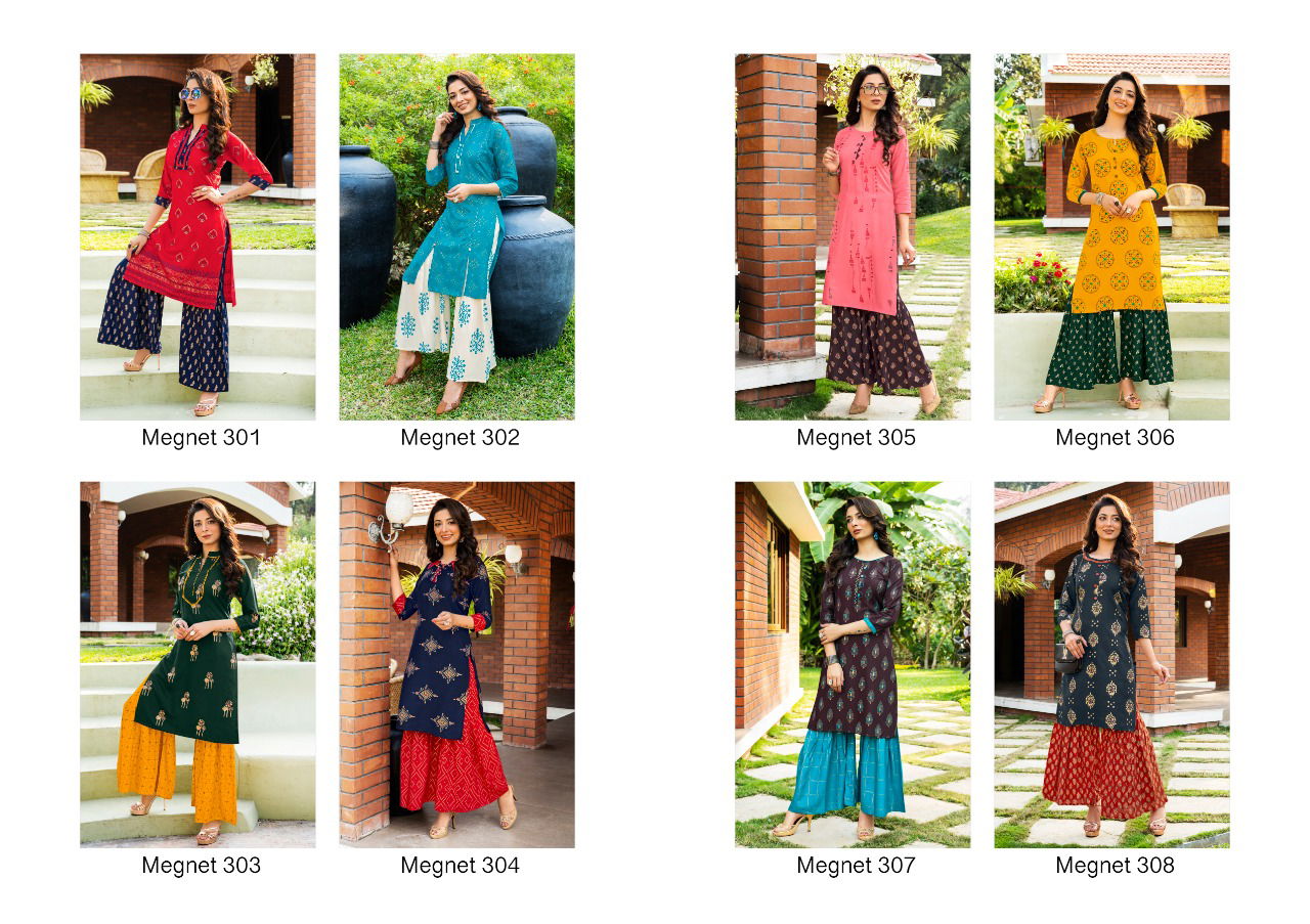 Rangjyot Magnet Vol 3 Latest Party Wear Heavy Rayon Gold Printed Kurti With Bottom Collection
