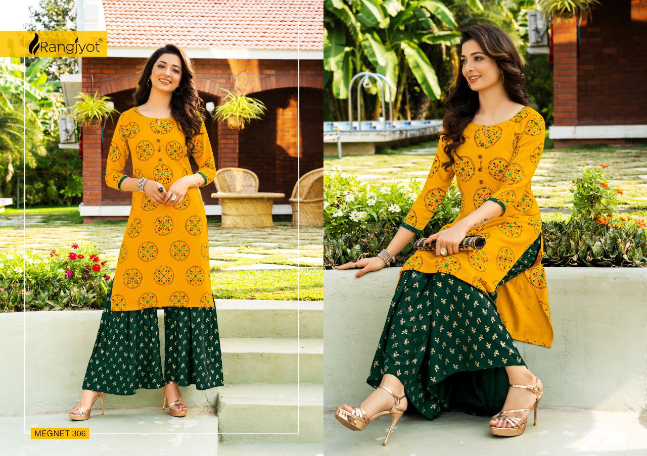 Rangjyot Magnet Vol 3 Latest Party Wear Heavy Rayon Gold Printed Kurti With Bottom Collection
