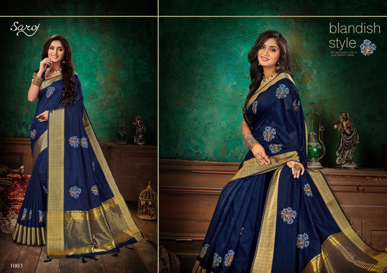 SAROJ ASHWAGANDHA Designer Fancy Casual Wear Soft Vichitra Silk with Banarsi Border and Multi Embroidery Work Saree Collection