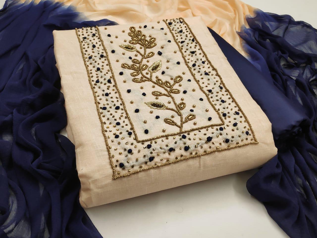 Khadi Handwork Suits 3 Latest Function Wear Designer Khadi Cotton Dress Material Collection 

