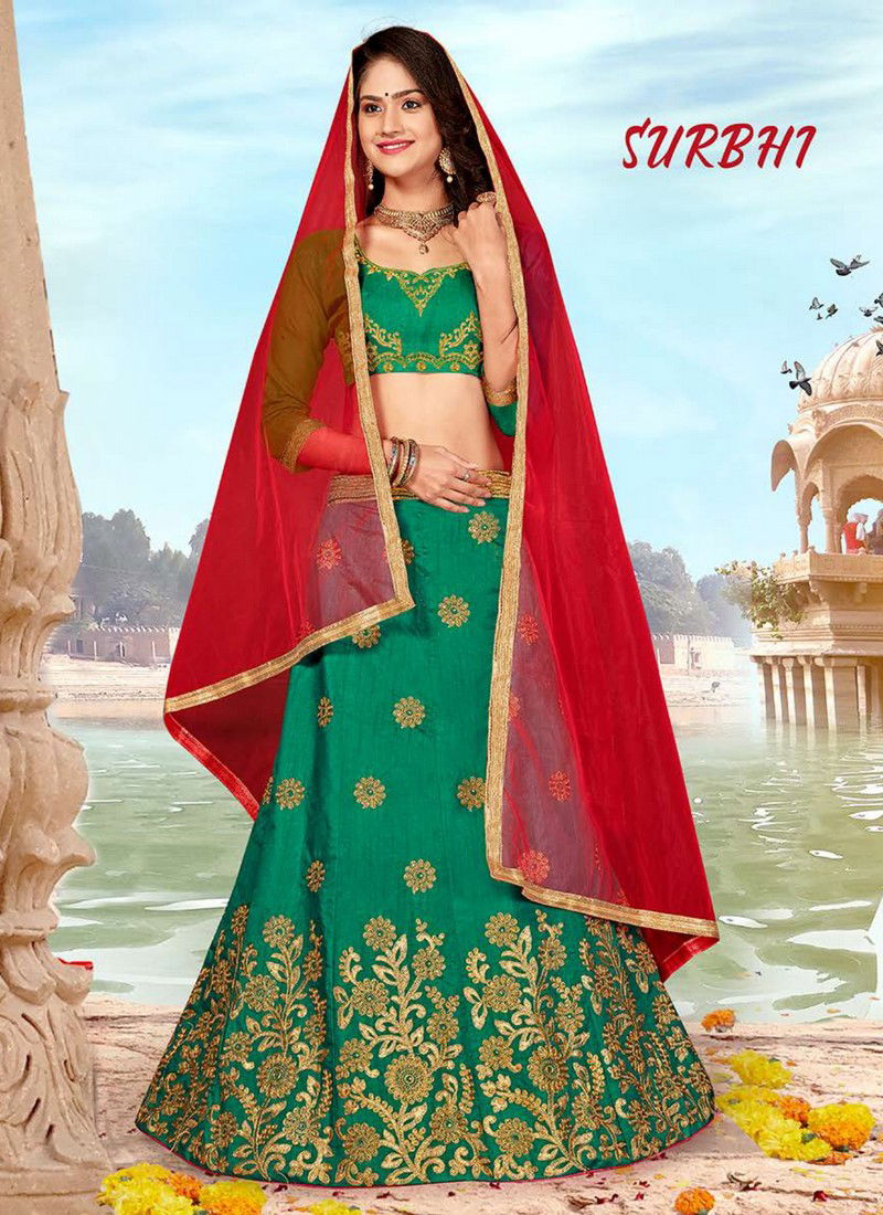 Rani And Yellow Saanchi Surbhi Wedding Designer Bridle Embroidered Silk Lehenga Choli Collection