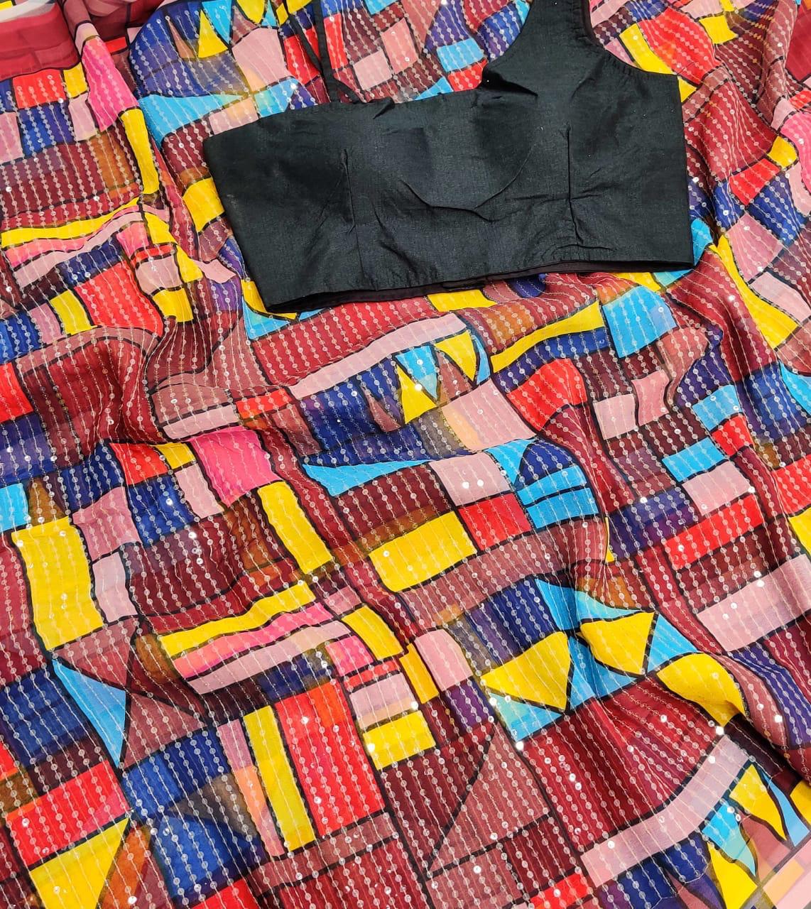 Bt 1018 Latest fancy Designer Party Wear Fancy Sequence Work Georgette Printed Sarees Collection
