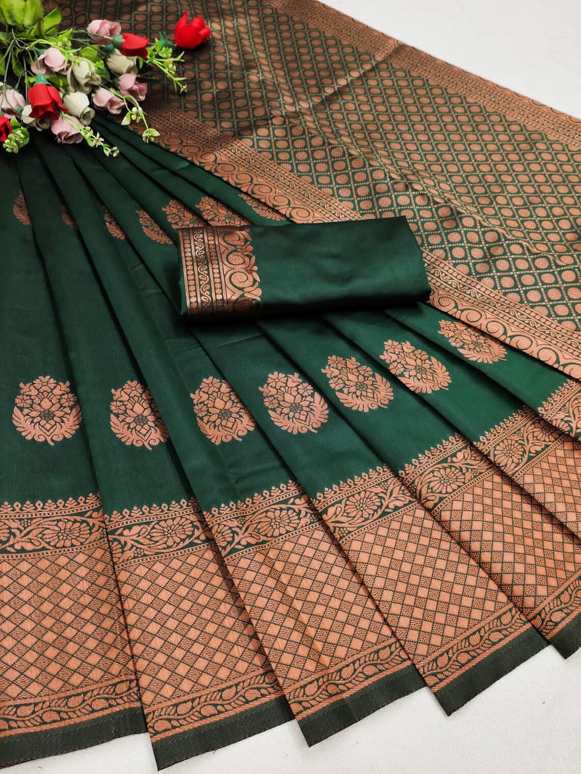 MF 66 Dark Green Soft Lichi Silk Wholesale Saree Suppliers In Mumbai