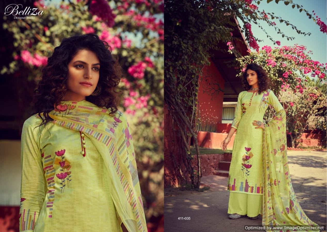 Belliza Zohra Pure Cotton Digital Style Print Designer Dress Material Exclusive Printed Nazneen Chiffon Dupatta With Four Side Lace 
