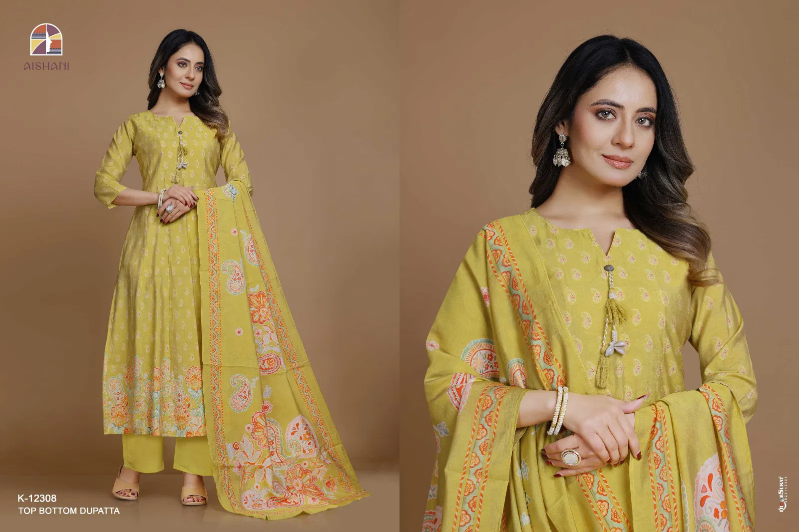 Aishani K 12301 To 12310 Soft Silk Digital Anarkali Kurti With Bottom Dupatta Exporters In India