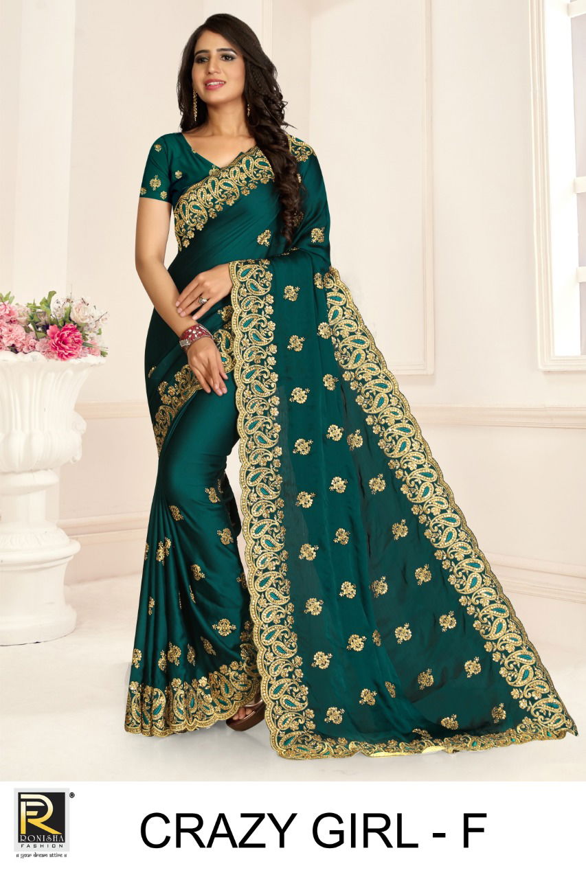 Ronisha Crazy Girl Latest Fancy Designer Festive Wear satin Blooming Embroidery Worked Sarees Collection
