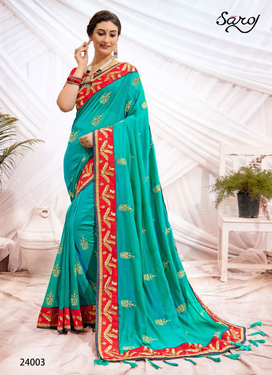 Saroj Rudraksh Heavy Wear Embroidery Worked Designer Dhupain Silk Saree Collection
