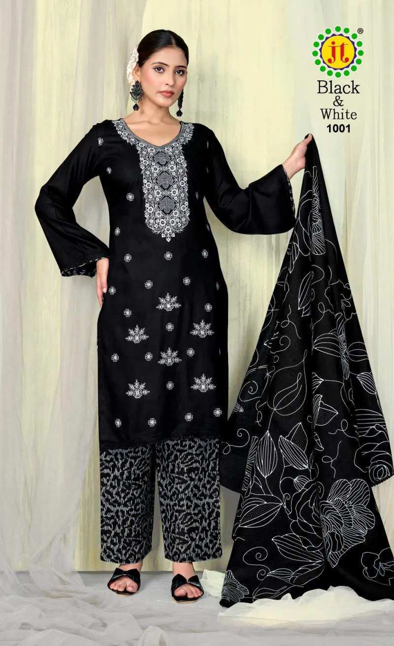 Jt Black And White Rayon Embroidery Dress Material Wholesale Market In Surat With Price