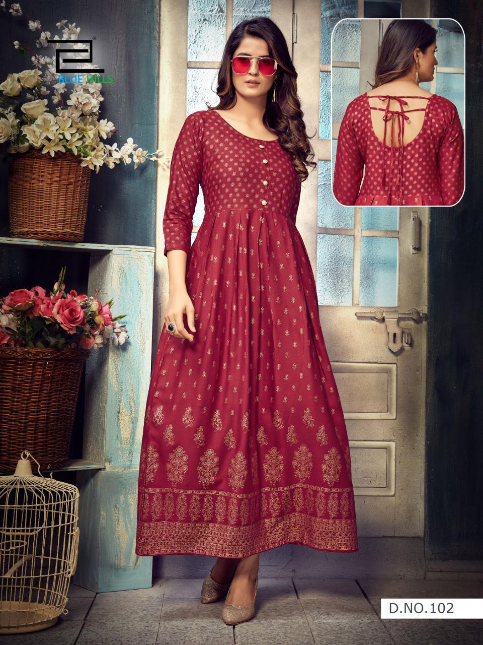Blue Hills Show Off Fancy Latest Designers Festive Wear Long Rayon Printed Kurti Collection
