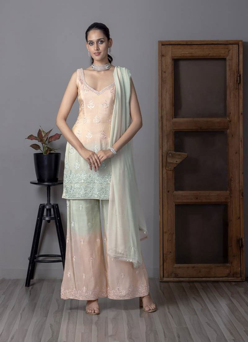 Tcs 113 Pink And Light Green Shaded Viscose Readymade Suit Wholesale In India
