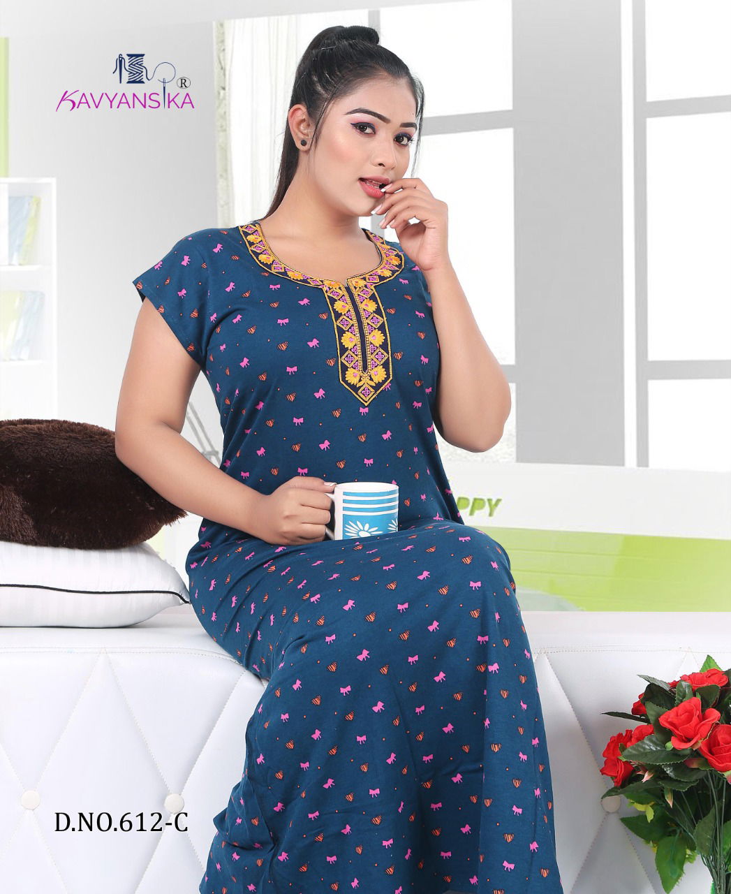 KAVYANSIKA VOL-612 Latest Collection Of Printed Premium Hosiery Nighty With Embroidery Collection
