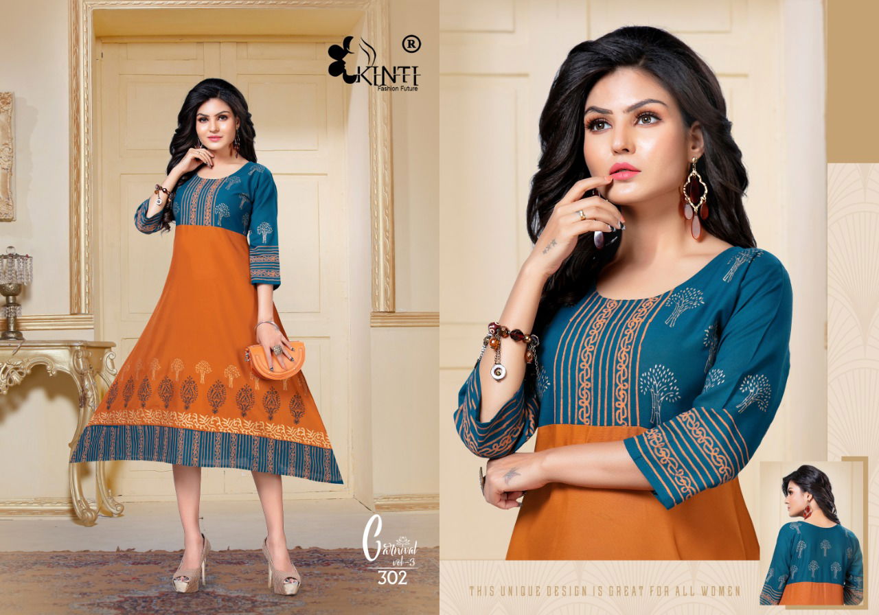 Kinti Carnival Anarkali Casual Wear Designer Printed Rayon Kurtis Collection
