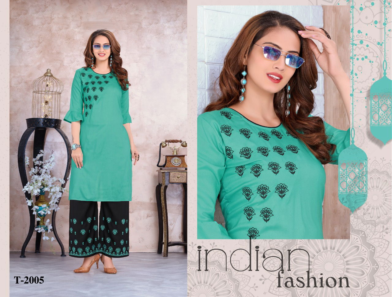 Trendy Colours Latest Fancy Designer Heavy Rayon Casual Wear Embroidery Kurti With Bottom Collection
