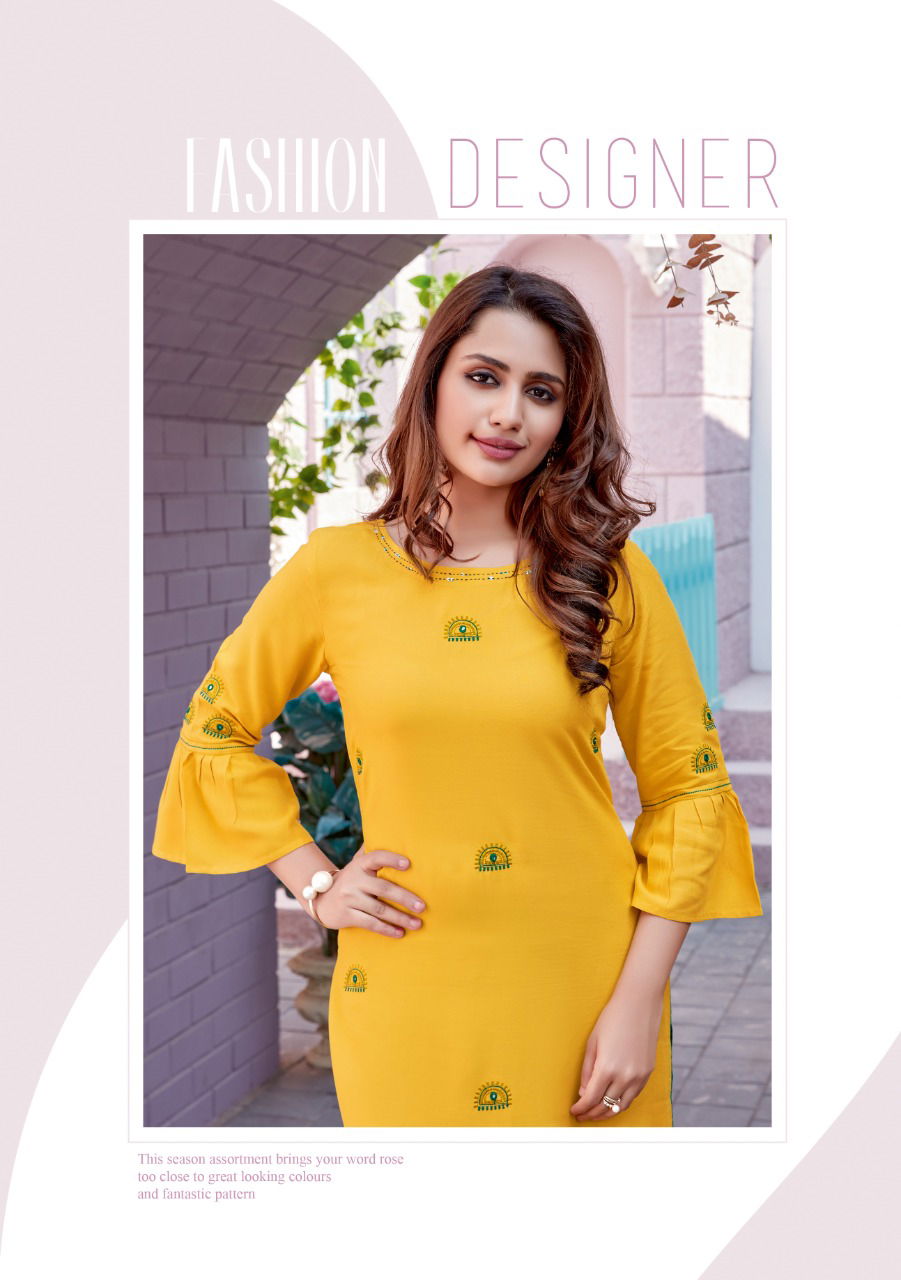 Wooglee Kesar 3 Staright Embroidery Work Party Wear Cotton Kurti With Bottom Collection
