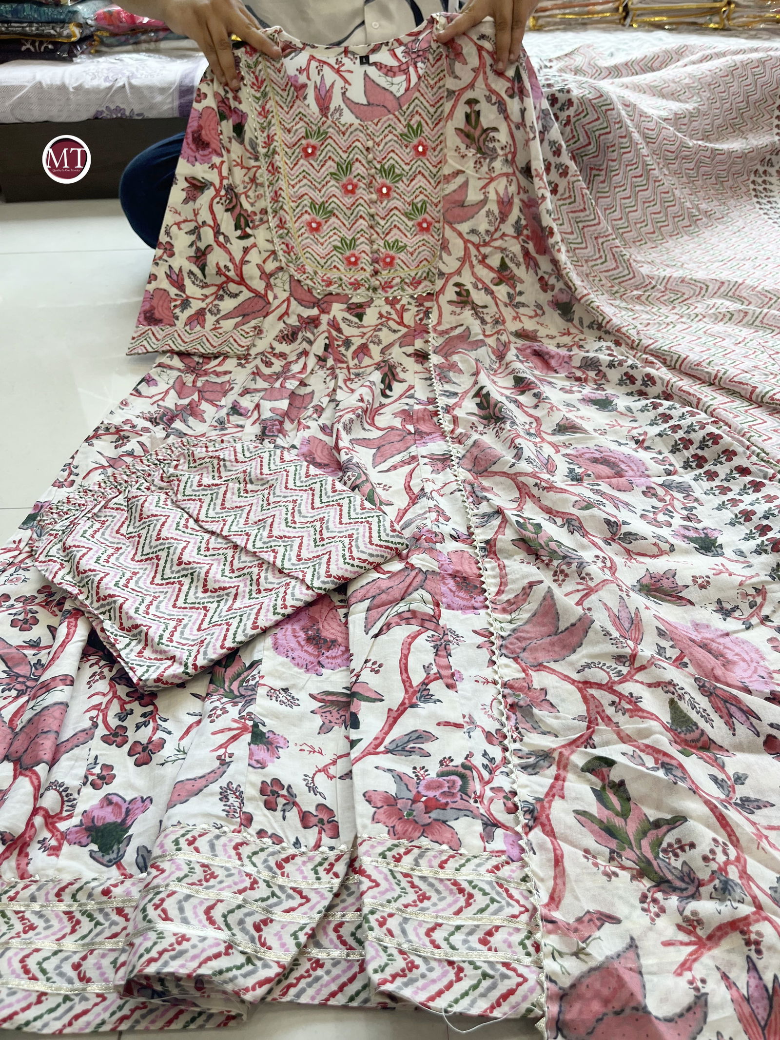 MT Designer Printed Anarkali Cotton Kurti With Bottom Dupatta Wholesale Price In Surat
