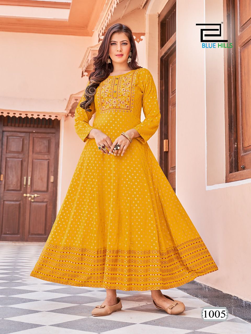 Encounter By Blue Hills Rayon Foil Printed Long Anarkali Kurtis Wholesale Market In Surat

