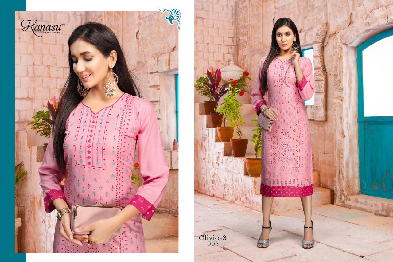 Kanasu Olivia 3 Latest Fancy Designer Heavy Rayon Straight Kurti Collection
