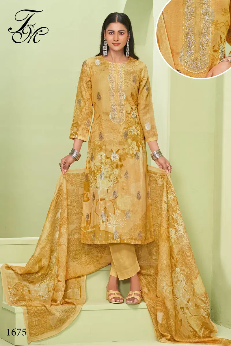 Tripti By T&M Fancy Linen Embroidery Dress Material Surat Wholesale Market