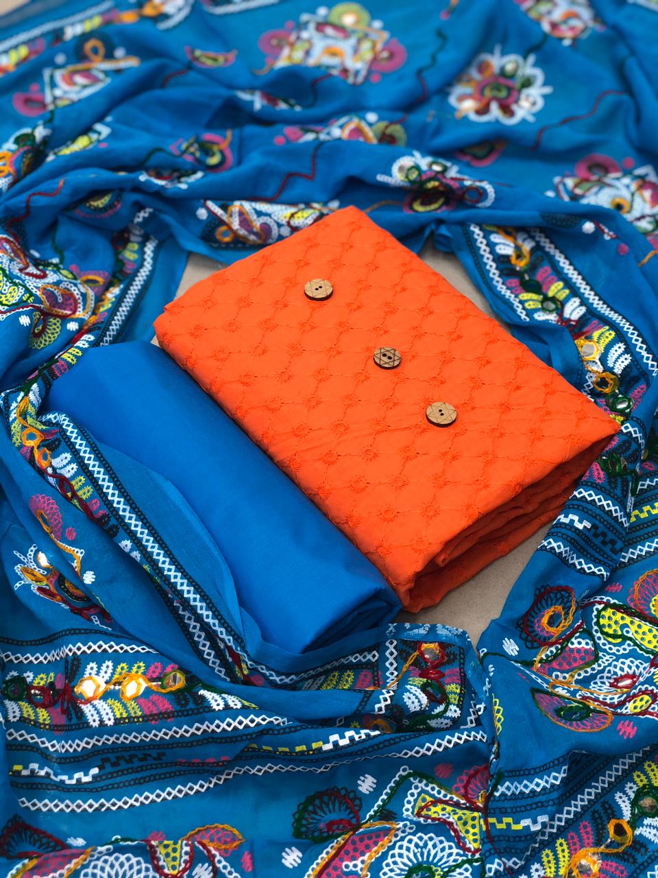 Chiffli Dress Materials 2 Casual Wear Colored Chiffli Cotton With Fancy Buttons Print With Colorful Dupatta Dress Material Collection