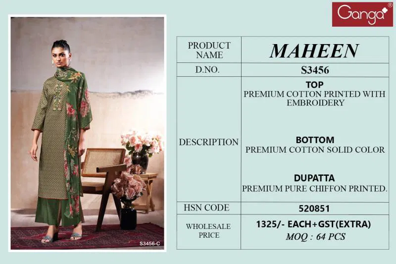 Maheen By Ganga Cotton Printed Embroidered Salwar Suit Exporters In India