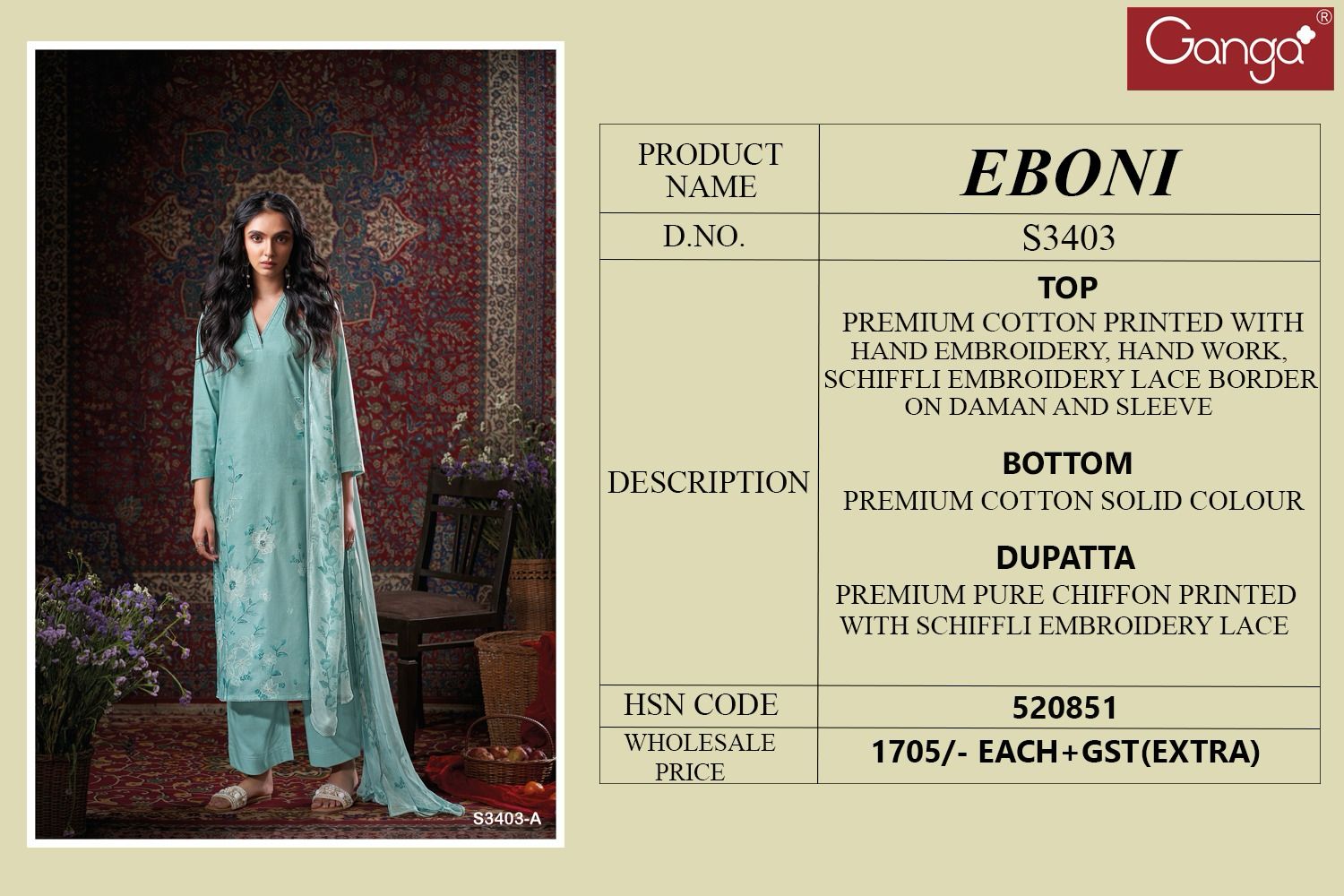 Eboni 3403 by Ganga Cotton Printed Embroidery Salwar Suit Surat Wholesale Market