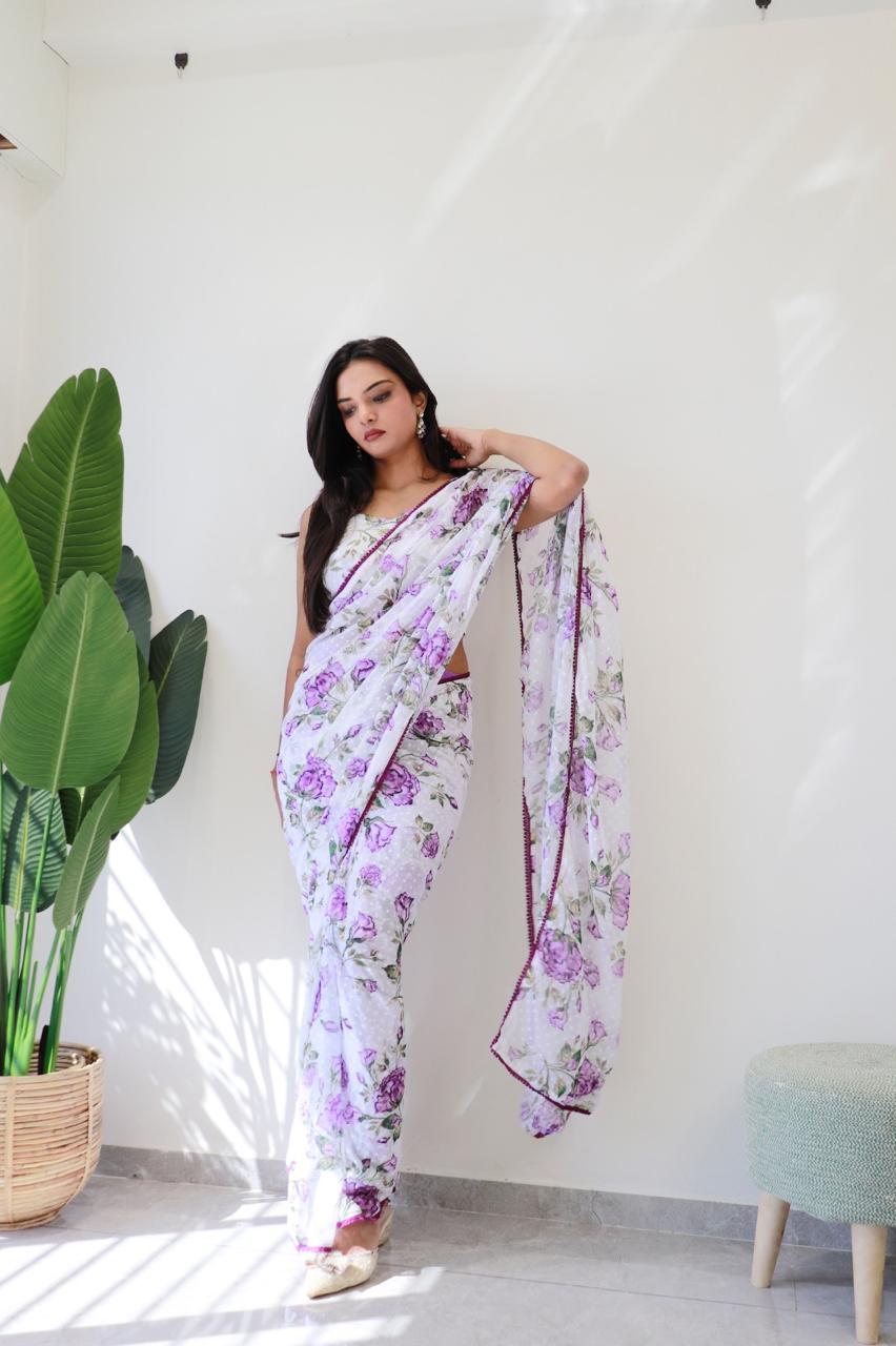 Dac Purple Rose Floral Printed Readymade Sarees Suppliers In India