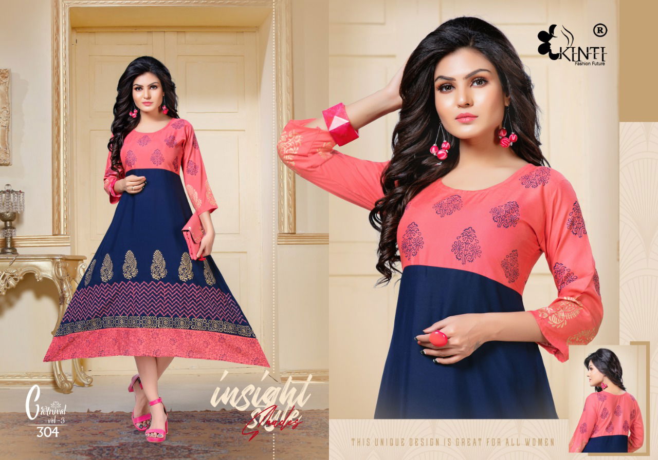 Kinti Carnival Anarkali Casual Wear Designer Printed Rayon Kurtis Collection
