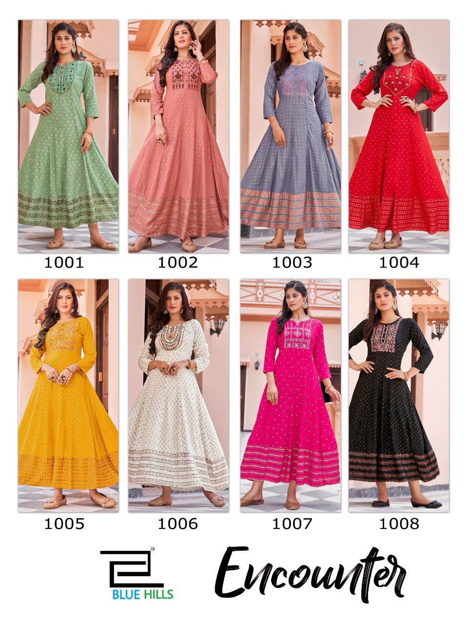 Encounter By Blue Hills Rayon Foil Printed Long Anarkali Kurtis Wholesale Market In Surat
